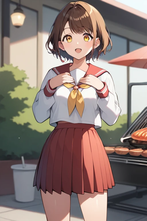 score_9, score_8_ up, score_7_ up,  source_Anime, Kusakabe Mishio ,  short hair, Brown Hair,  yellow eyes,,  skirt,  Long Sleeve ,  school uniform, pleated  skirt, Sera Clothing,  sailor color ,  neckerchief , red  skirt, ryouou  school uniform,, backyard,...