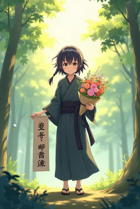 An anime-style ninja stands in a peaceful forest during a calm morning. The ninja, wearing a traditional Japanese outfit, smiles warmly. In one hand, they hold a bouquet of flowers, and in the other, they hold a banner that says Good Morning, numa. The bac...