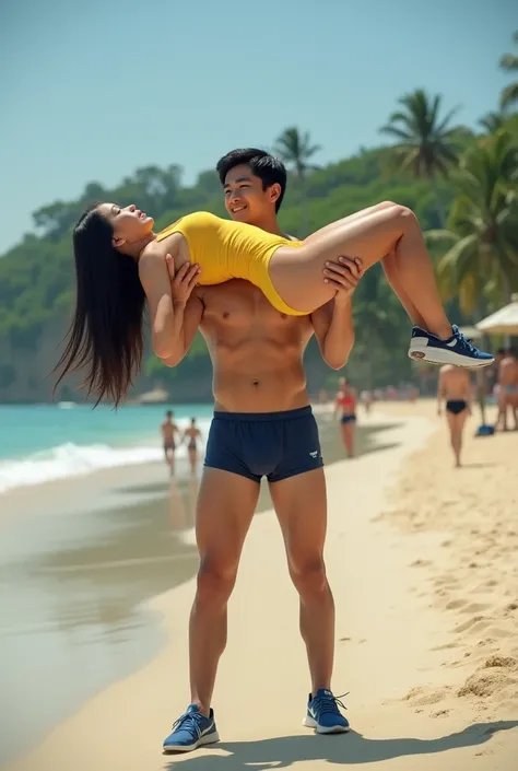 An Indonesian woman is wearing yellow swimming bra, yellow swimming pants, and yellow slippers. The woman has a huge and muscular figure. A Korean man is shirtless, wearing navy blue boxer pants, and blue sneakers. The man has a skinny figure. The woman is...