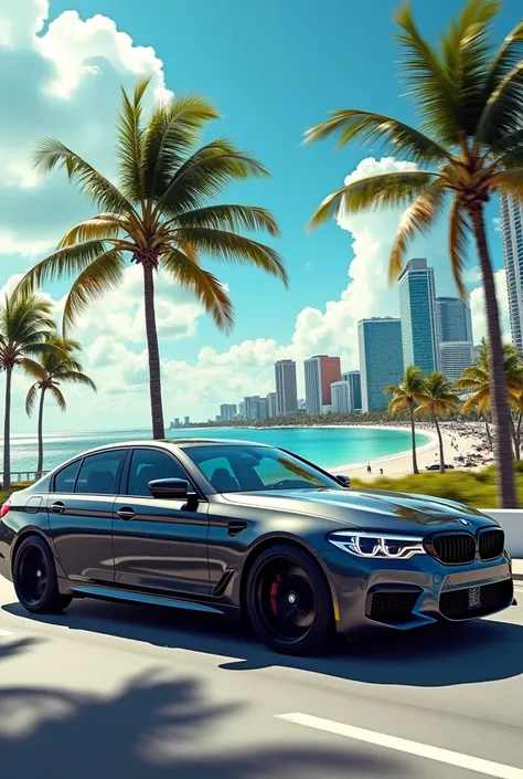 A charcoal 2019 BMW with black rims and black windows driving on a highway in Miami