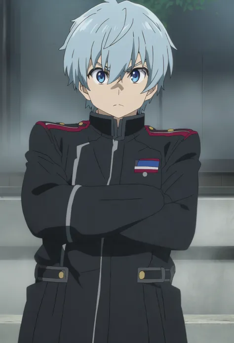 Man in uniform standing with arms crossed ,  wear a black uniform , Group anime images , JK uniform,  Male Anime Characters , In anime movies,  Anime Shigeru Aoki  , as an anime character, Official anime stills,  black military uniform, tall anime boy 、 bl...