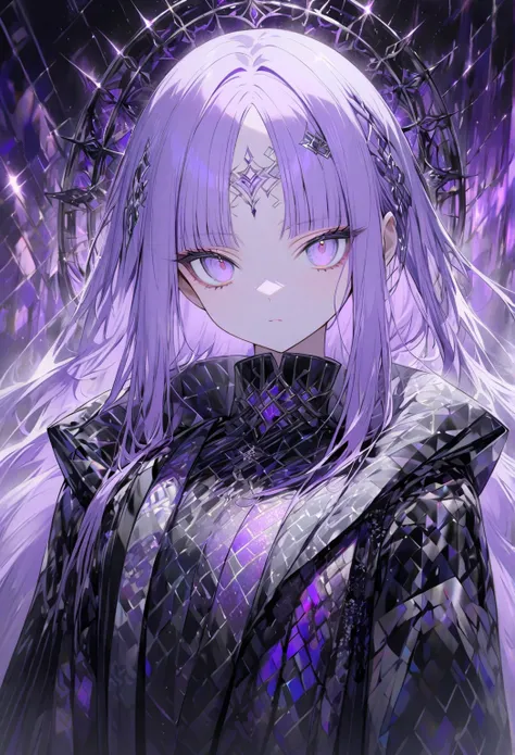 female with with long, straight silver purple hair, with straight bangs on her forehead, she is beautiful and cold, she has silver eyes, and she wears black kimono with starlight pattern. She held huge violet sycthe.