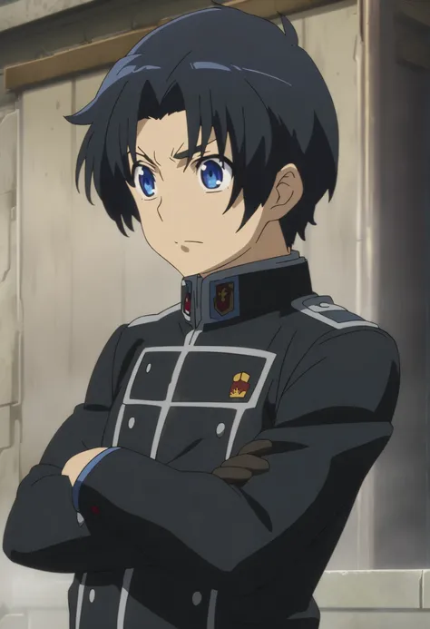 Man in uniform standing with arms crossed ,  wear a black uniform , Group anime images , JK uniform,  Male Anime Characters , In anime movies,  Anime Shigeru Aoki  , as an anime character, Official anime stills,  black military uniform, tall anime boy 、 bl...