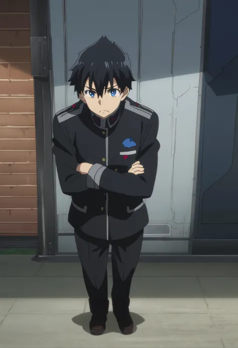 Man in uniform standing with arms crossed ,  wear a black uniform , Group anime images , JK uniform,  Male Anime Characters , In anime movies,  Anime Shigeru Aoki  , as an anime character, Official anime stills,  black military uniform, tall anime boy 、 bl...