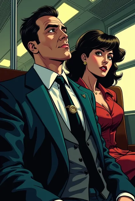  Realistic art comic style image of an elegantly dressed man wearing a tie and antique watch on his chest while being watched by a young woman looking like a detective cop, fainted in a cramped train car . 