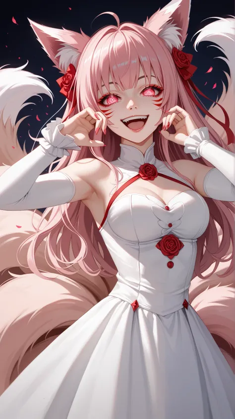 (Best quality,8K,high resolution,masterpiece:1.2),Digital Artwork, Anime fox girl with six tails，Delicate face，Delicate eyes，Pink Hair，long and straight hair with hair, white dress, yandere evil girl, yandere evil laughing expression, badas stylized anime ...