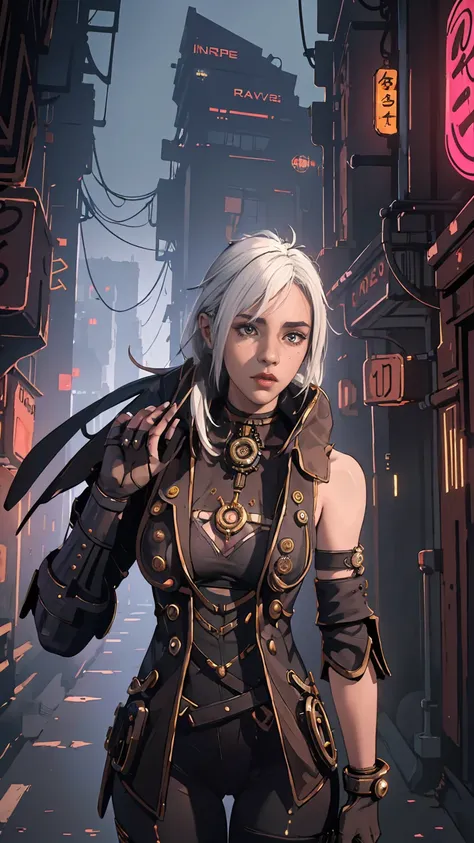 (a half naked young girl walking down the street landscape:1.2),(very long white hair:1.2),(one-length haircut:1.3),(cyberpunk buildings in the background:1.3),(steampunk buildings in the background:1.3),(steampunk) ,steampunkai, black gloves,(night:1.4), ...