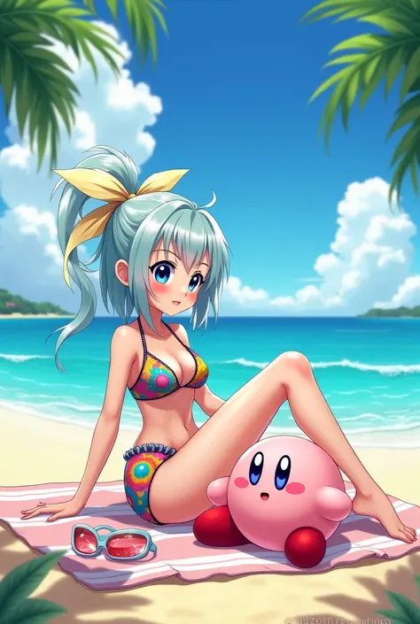 Anime girl in swimsuit on the beach with Kirby 