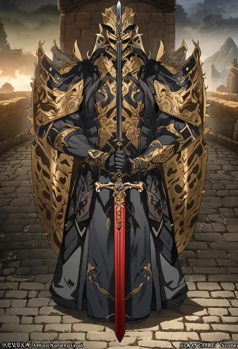  a man in armor with a sword, Demon Slayer-style handsome man,  Taisho Romance,  Official Art ,   Has a Sword , Popular Isekai anime ,  Official Character Art , isekai, Human Male Paladin,  standing on a cobblestone road , Key Anime Art,  Kashmir Art , Ars...