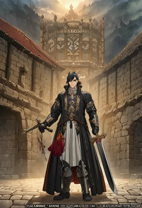  a man in armor with a sword, Demon Slayer-style handsome man,  Taisho Romance,  Official Art ,   Has a Sword , Popular Isekai anime ,  Official Character Art , isekai, Human Male Paladin,  standing on a cobblestone road , Key Anime Art,  Kashmir Art , Ars...