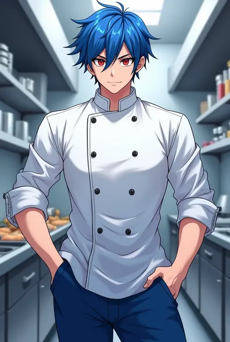  male anime character with blue hair, With chefs clothes,  red eyes ,  The white and blue clothing . 