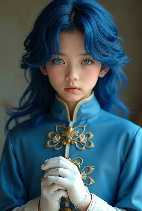 Live Action  Teen Asian boy with Green Eyes Long Flowing Blue Hair, Wearing a Blue Long Sleeved Medieval  Prince Outfit, with White Leather gloves. 