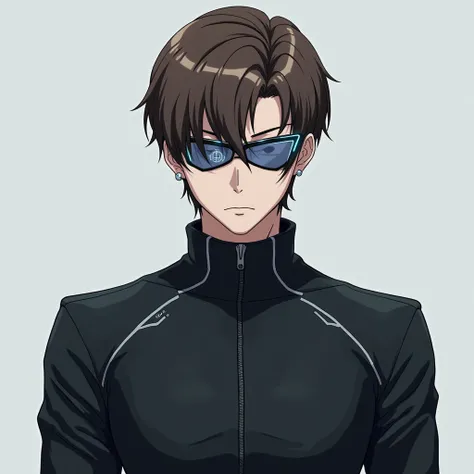 full body view, anime man, 30 years old, brown short hair, futuristic glasses and futuristic dark clothes, no background 