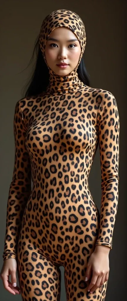 Twenty three years old most beautiful and thinest Asian Chinese or Taiwan woman girl with a most beautiful cheeks wears cheetah print lycra zentai turtleneck unitard catsuit covered with spots.She always wear cheetah print lycra inner hood-like stretchy sw...