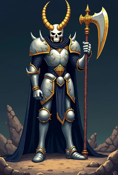 anime pixel art :  GIANT PUMPED SKULL  , wearing silver armor with gold details  ,  DRY RUINED BOTTOM  ,  almost nightfall  , A SCYTHE AS A WEAPON  (  THE SCYTHE HAS A GOLD DETAIL HALFWAY THROUGH ITS BLADE  , WITH POINTED RELIEFS  , HELMO HELMO HAS A UNICO...