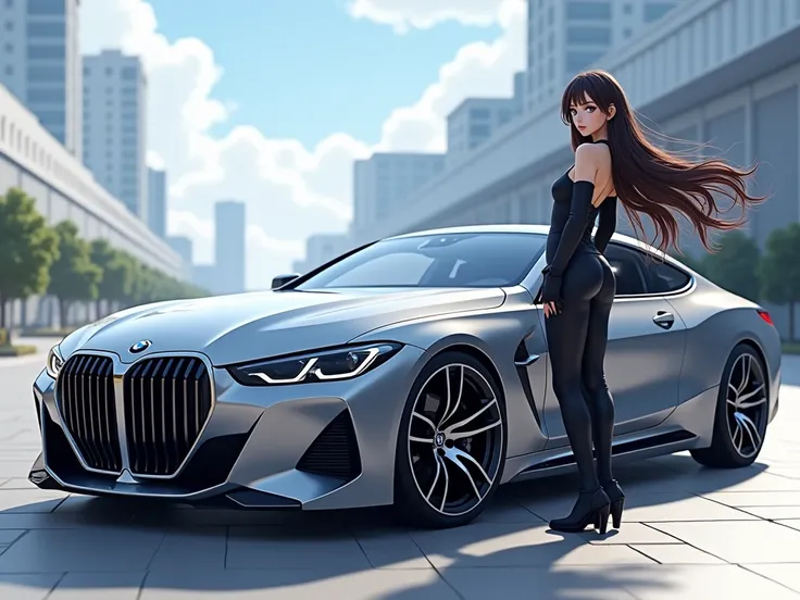 A BMW car with a brunette woman from the animes next to the car