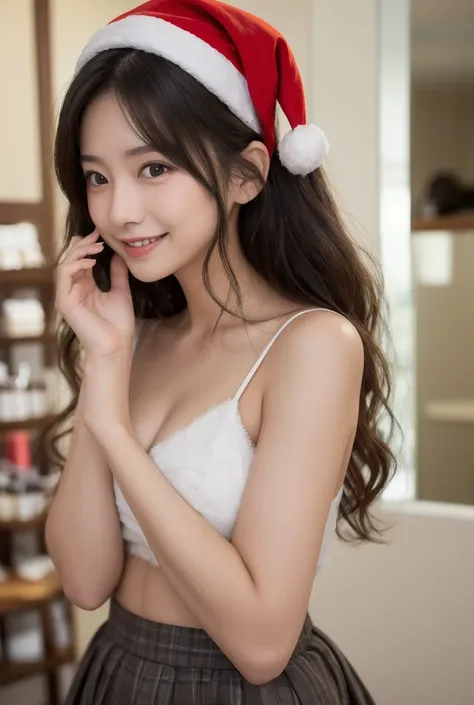  Inhaling Eyes , cute double ,  woman hugging her favorite stuffed animal at home,  Santa Clausの服装,  cosplay,  Christmas, small animals, Inward-curling short hair,  curly hair , Freshly washed hair , First home date, Talented , Kind personality,  woman who...