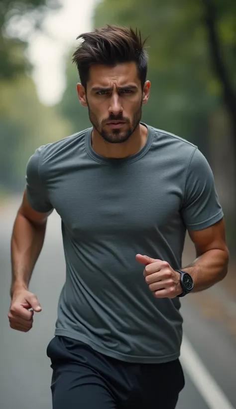  Young adult man dressed in sportswear taking a few steps,  which can be seen as having a hard time working . His face reflects tiredness and fatigue .  hyper realistic . 