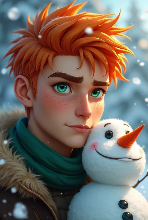  male character,  orange hair,  green eyes,  winter clothing,  on the side of a snowman" Sampling only from the chest up