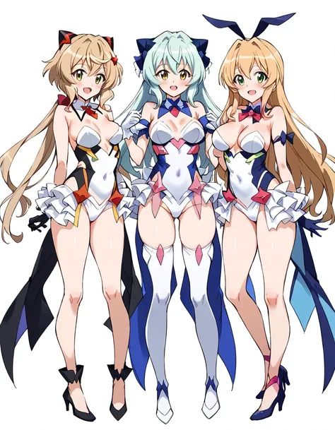  3girls, ((white background)), full body, symphogear costume, gloves,