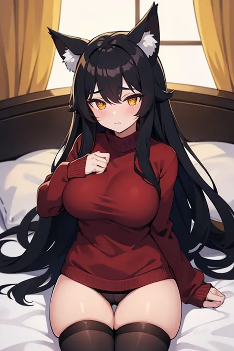 Hot girl, Beautiful long black hair, bright yellow eyes, big but medium breasts, big hips, red sweater, black panties, no pants, wolf ears, blush, at a bedroom