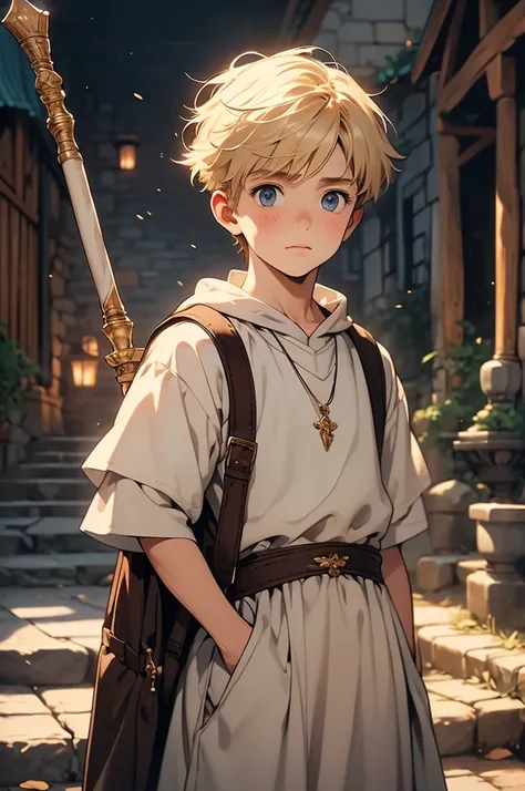 [8k, 32k, 4k, detailed image] a young boy, , short, shy, very short blond hair, wearing a clerics attire, discouraged expression, carrying a small bag, a light staff, background of a peaceful village