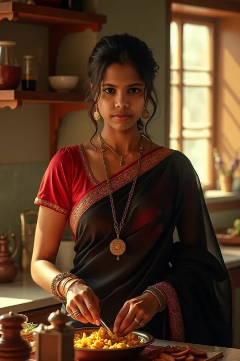 Hot and sexy indian beautiful women wearing black saare and  half shows off red blouse working in the kitchen making food in the kitchen 