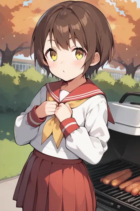 score_9, score_8_ up, score_7_ up,  source_Anime, Kusakabe Mishio ,  short， toddler figure ， flat chest， short hair, Brown Hair,  yellow eyes,,  skirt,  Long Sleeve ,  school uniform, pleated  skirt, Sera Clothing,  sailor color ,  neckerchief , red  skirt...