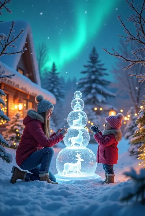 Northern Europe,
(1mother and her ren), mother kneeling,
(making a snowman out of ice,
transparent ice snowman, crystal reindeer visible in transparent snowman), 
(beautifully decorated A garden on Christmas Eve. 
A garden is illuminated by a myriad of col...