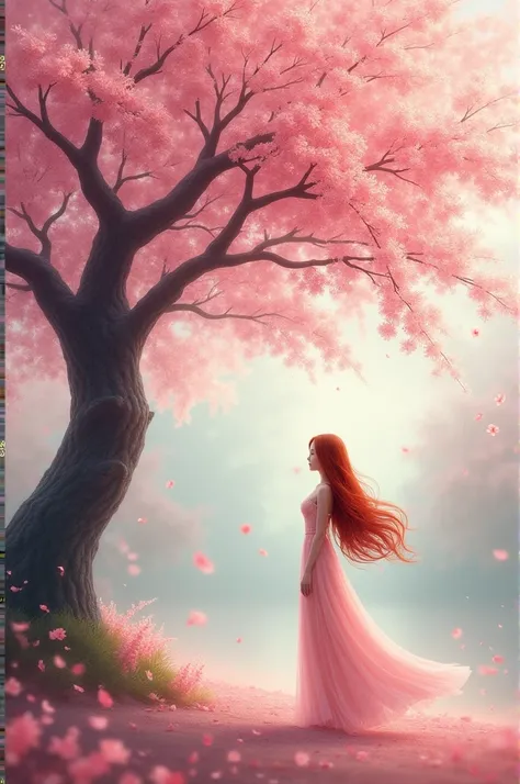  Create the image for book cover
A large cherry blossom tree with pink flowers and a girl looking at the tree, girl with long wavy reddish hair dressed in elegant pastel pink dress  