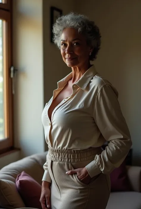   60-year-old mature woman  , milf ( mature mom) (  mature mom), experienced,  looks sexy  ,    Big breasts  ,    thick thighs   ,    curly and gray hair tied back,   forming a   ,  skirt tight to the body   ,  curvy unbuttoned shirt   , high jump,  dark s...