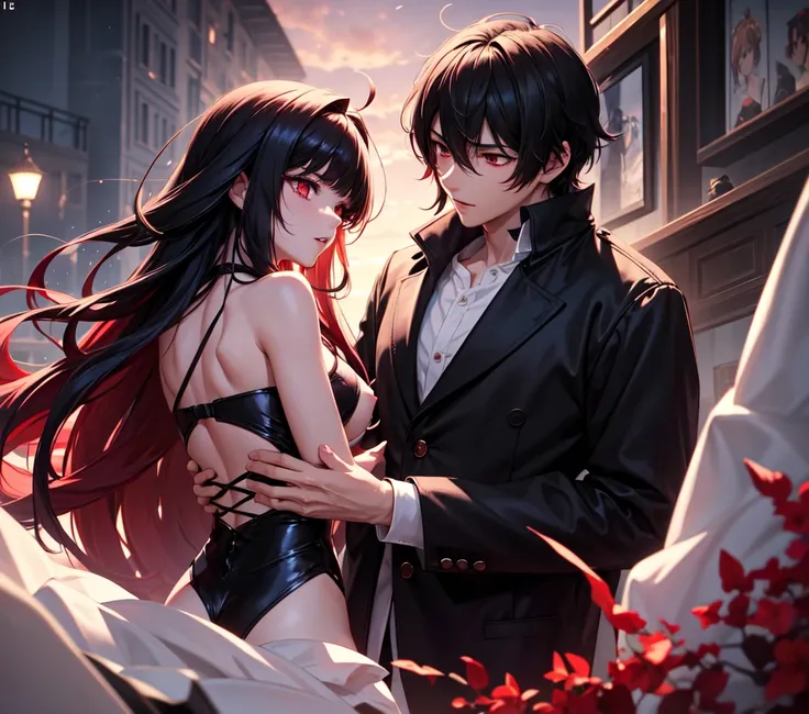  Screenshot from the anime . Scene R  .18.  NSFW. Teo teenagers (a boy and a girl )  with black hair and red tips . With dark red eyes . the girl,  with long, messy hair with a fringe that covers the right edge of their Face. the ,  with the same messy ban...