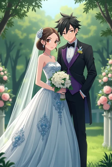 Wedding in nature the wife in a pompous dress a not so long veil in white and blue the husband in a black and purple tuxedo with Pokemon centerpieces