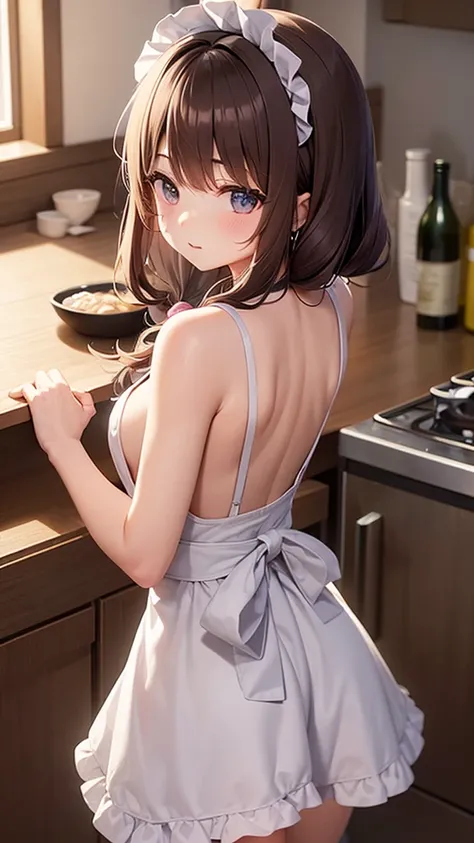  one girl、 viewers holding ladles、Fluffy hair、 shirtless in the lobby、 cleavage、Sideboob、 naked apron、simple apron mini skirt、 thigh high socks、Butt、 kitchen、 from behind