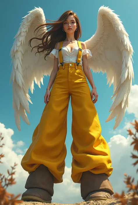 a pirate woman with angel wings and 10 foot legs with yellow oversized pants with suspenders on and has brown hair drawn in a anime fashion