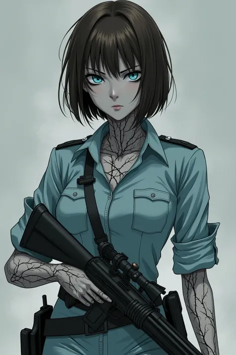  I want you to create the main character of Helsing for me. She has short hair, well chopped up even though ,  with a small fringe on the front ,  very light blue eyes ,  looking almost dead ,  but still maintaining the bluish tone .  Her hair is brown .  ...