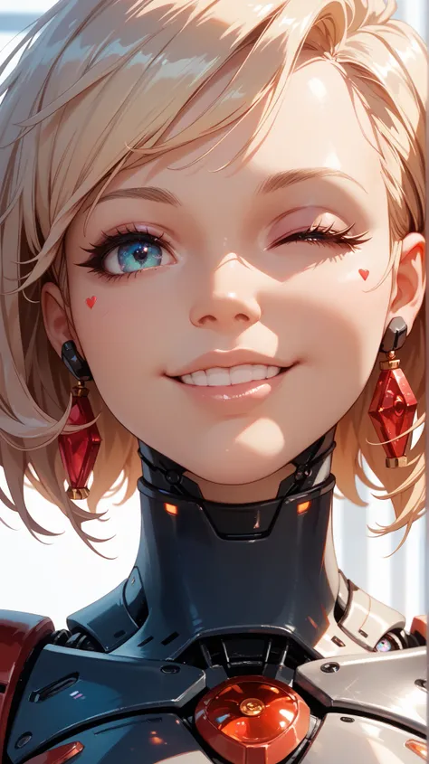 female, android human, close up, tilt portrait, eye wink, smile, robotic features