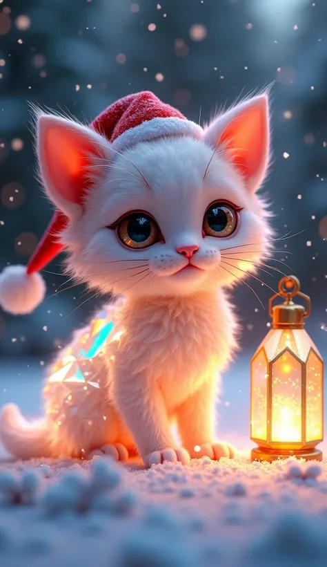 A hyper-realistic, high-quality image of an adorable crystal creature resembling a kitten, with its entire body composed of angular, translucent crystal facets that shimmer and refract light in dazzling rainbow-like patterns. The creature is wearing a fest...