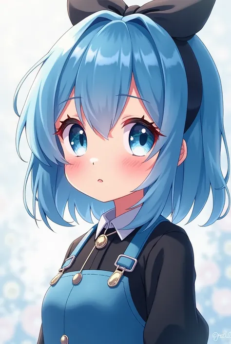 Cute anime style girl blue hair headshot photo type wearing a blue and black dress cute face chubby