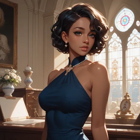 Black skinned woman, short curly hair, navy blue dress with revealing neckline, heartthrob event, monsxl, inside mansion, side filming, soft focus 