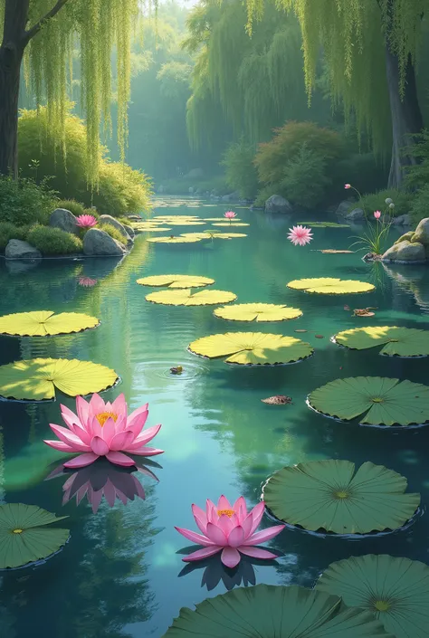 Monet&#39;s pond、。 crossing of branches 、 Lotuss flower on S Pond 。The pond is　River surface　shake。 thin green 花は　thin　Pink、。 thin green 　On the leaves　Small　Frog、。pond　Around　柳の🌲木、  thin green  　Dry、　In the pond　Drooping。sunny。 Japanese Garden。 calming 。