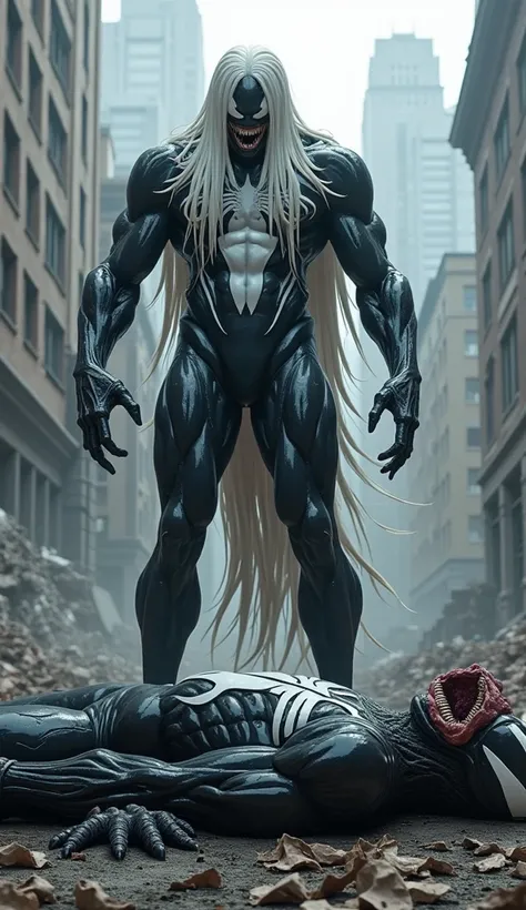 Knull Marvel Venom with long white hair looking on the floor at Venom defeated in a destroyed city, ultra realistic and professional images  