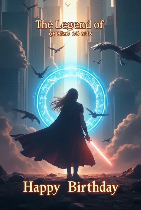  A movie poster-style picture ， The background is a futuristic city 、 flying dragons and a glowing magic portal 。 Eunice standing in the center of the picture ，Holding a glowing sword， wearing a flowing cape 。The title is The Legend of [name] ， A realistic...