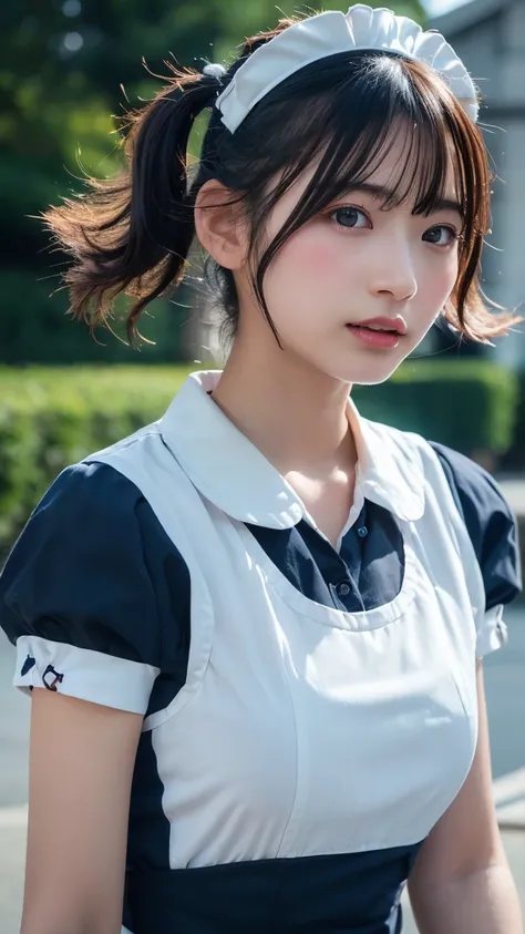 (8k,  RAW photo, top quality ,  High Definition :1.1), ( super real :1.4),( realistic ,  realistic :1.3), Japanese Beauty、(( upper body:1.3)),Maid喫茶、((Maid:1.3)), twin tails, 短い twin tails,  side up,  Hair Fluttering in the Wind , 大きなchest, chest, 