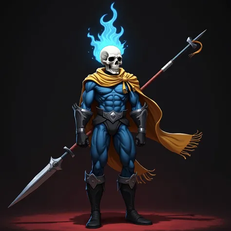 Humanoid, Blue based rider suit,Light blue burning skull head ,It has the tip of a long spear , yellow scarf , muscular, black boots, Gauntlet , pose holding a weapon, slim, excitement ,tall,red pat,Dark Background, chest ,Attacking Composition ,Battlefiel...