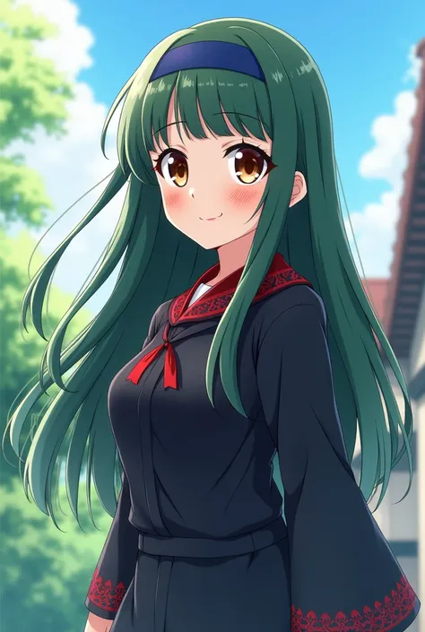 Long Dark green straight haired girl, waist length, Square fringe, Dark blue headband, light brown eyes, Black Seera fuku with Red lace in Anime style.