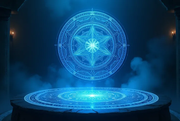 a highly detailed and complex spiritual occult magic symbol, a large intricate blue circular magic sigil or mandala, complex magical ritual, ethereal glowing energy, masterpiece, best quality, 8k, ultra-detailed, photorealistic, cinematic dramatic lighting...