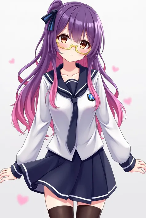 purple and pink hair,long tie hair,dark brown eyes,yellow glasses,white school uniform,dark blue tie,dark blue short skirt,long black shocks,anime, beautiful 