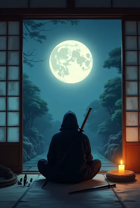 A solitary ninja preparing for a secret mission on a calm, moonlit night. The ninja is sitting in a traditional Japanese room with sliding shoji doors slightly open, revealing a serene garden illuminated by soft moonlight. A katana rests beside them, and t...