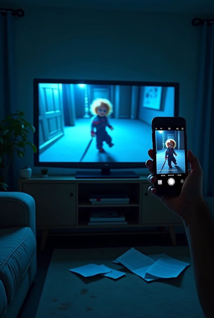 A modern living room illuminated only by the bluish glow of a TV screen. The screen shows a blurry video of Chucky running toward the camera with a knife, while a trembling hand holds a phone recording the scene. Papers and overturned furniture indicate re...